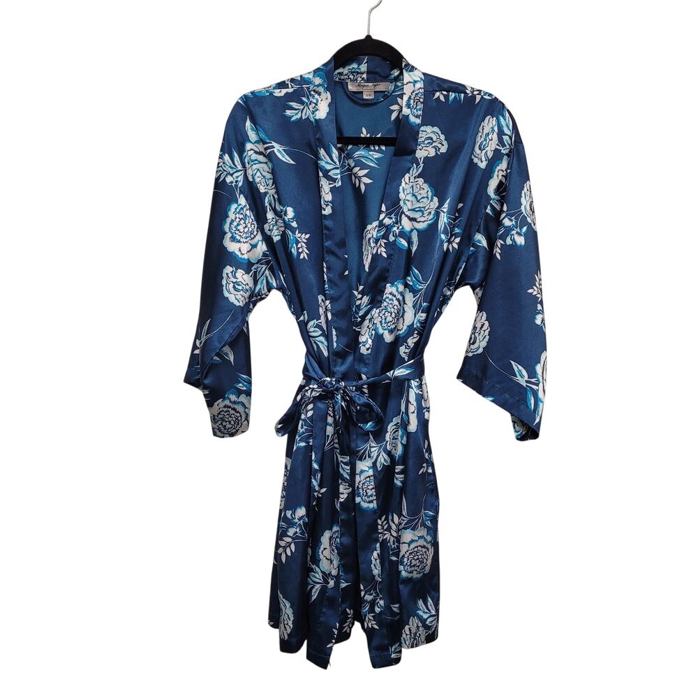 Morgan Taylor Blue Floral Satin Robe S/M Kimono Sleepwear Lounge Bridal Romantic